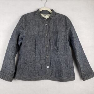 J Jill Women's M Petite Embroidered Button Up Jacket Dark‎ Cotton Denim Bohemian